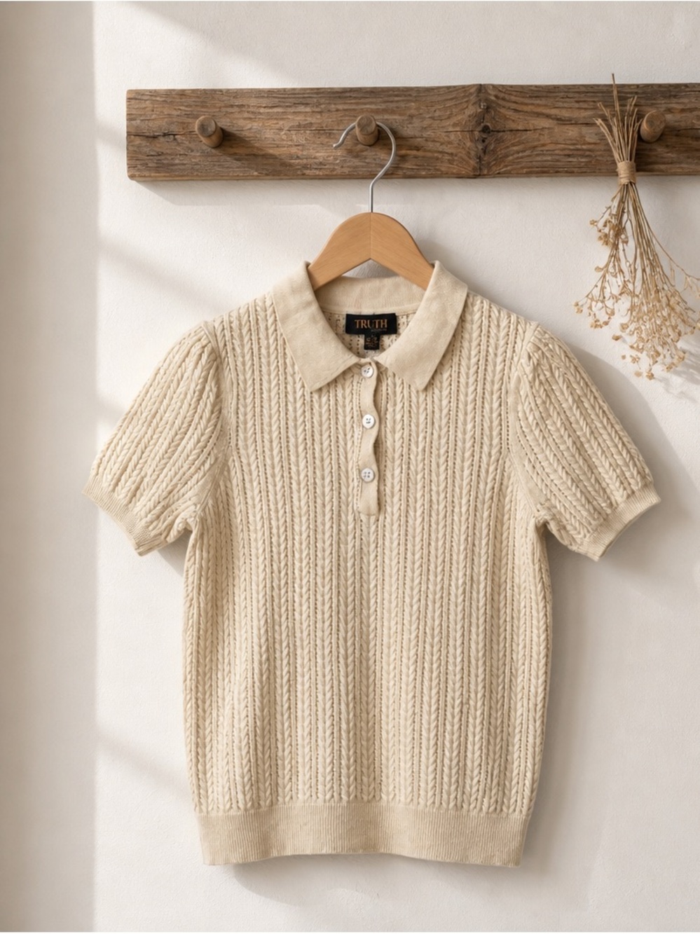 Truth Cream Cable-Pattern Short Sleeve Polo